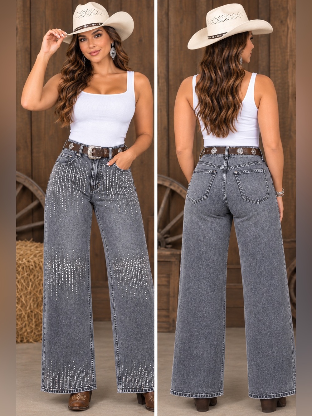 Women’s Gray Wash Jeans with Silver Metallic Rhinestone Detail